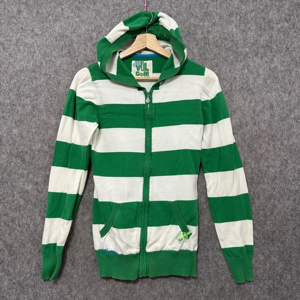 Volcom Hoodie Womens Medium Green White Striped Full Zip Knit‎ Sweater Y2K 1671